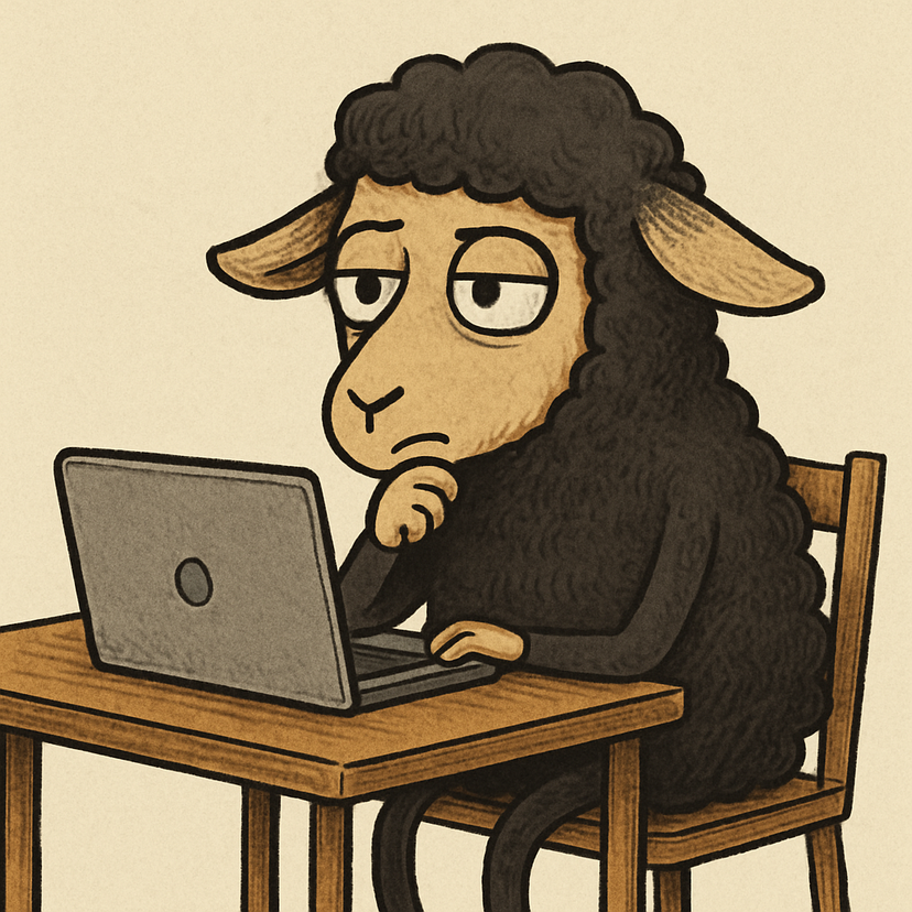 An AI generated black sheep looking bored or apprehensive at a computer