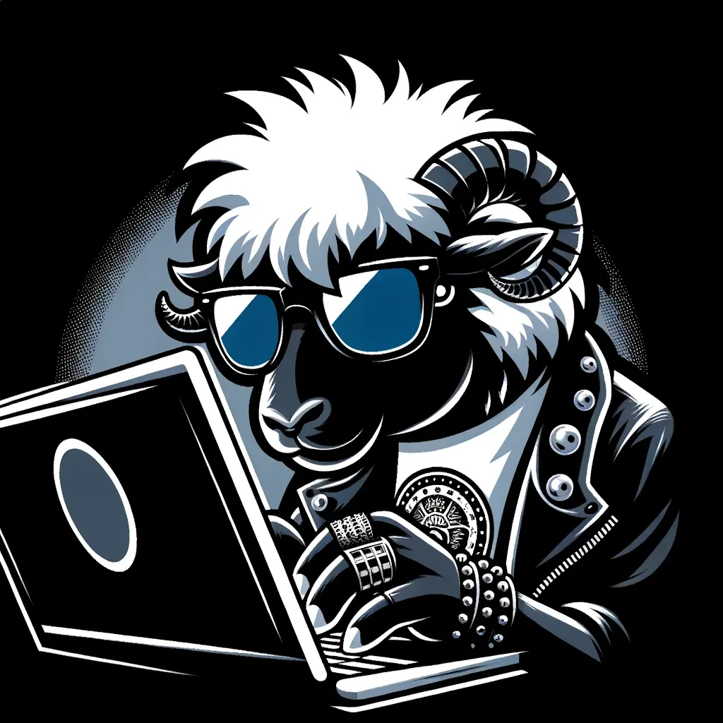 A black sheep typing at a computer. AI Generated.