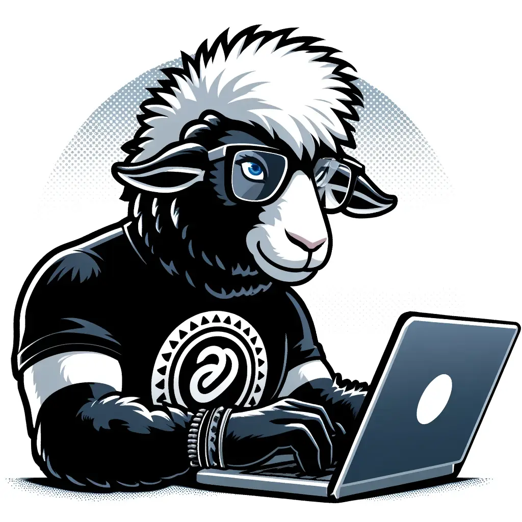 A black sheep typing at a computer. AI Generated.
