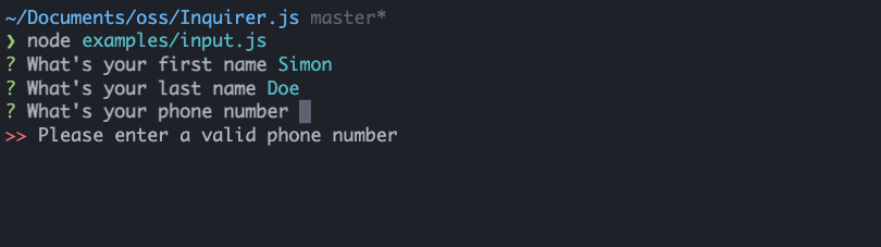Screenshot showing an interactive CLI menu asking the user to fill their firstname, lastname and phone number.
