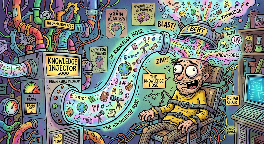 AI generated image prompt: Generate an image - cartoony, think oddbodz, thematically similar to that rehabilitation program in a clock work orange, but not nearly as sinister. Instead of being forced to watch content, the a firehose of information is being poured into someones brain and they have a hard time keeping up